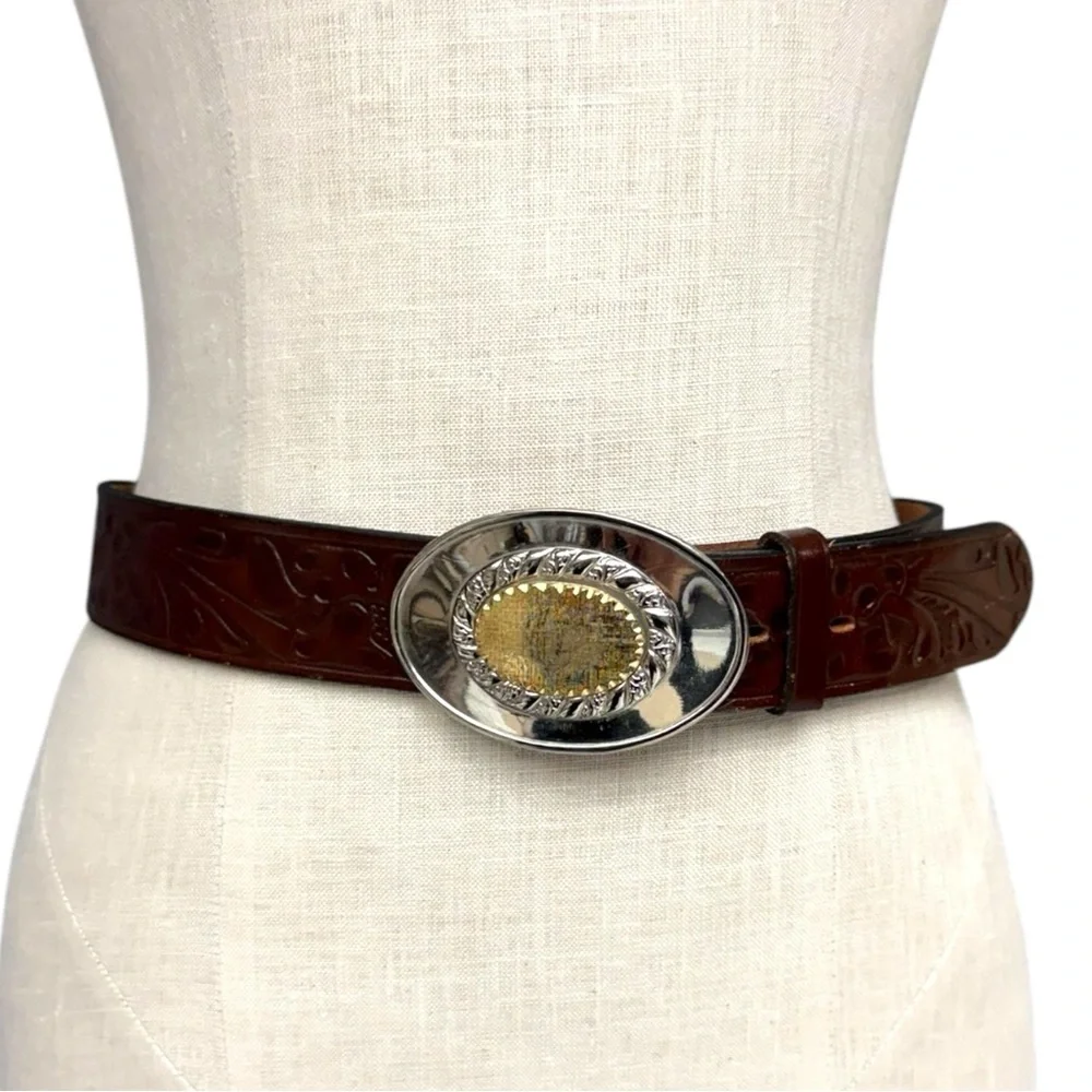 Vintage Double O Ranch Wear Justin Brown Tooled Leather Western Belt Size 32